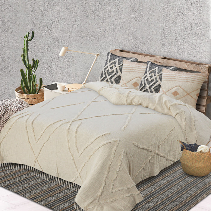 Ivory Geometric Twin Cotton Coverlet With Fringe