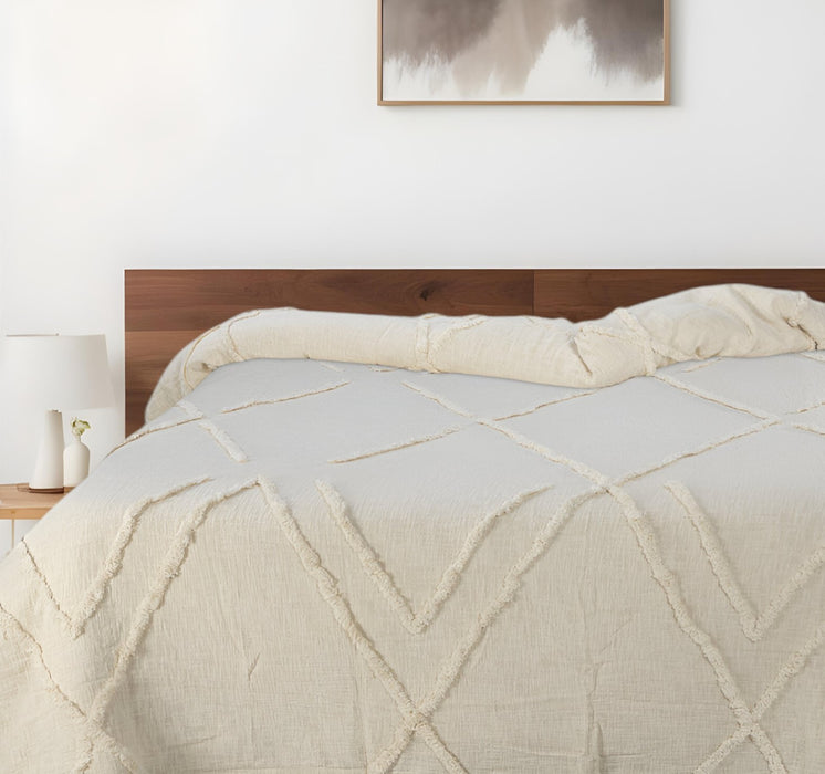 Ivory Geometric Twin Cotton Coverlet With Fringe