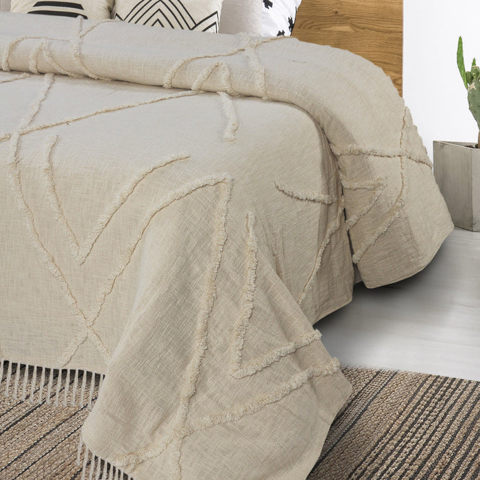 Ivory Geometric Twin Cotton Coverlet With Fringe