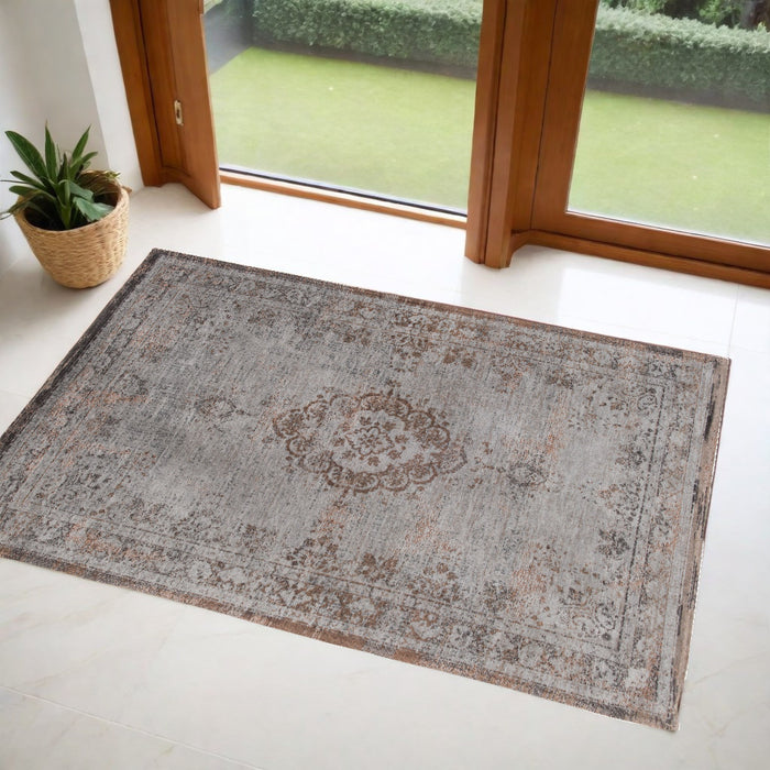 3' X 5' Gray and Beige Medallion Non Skid Area Rug