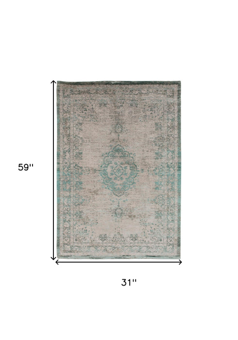 3' X 5' Gray and Green Medallion Non Skid Area Rug