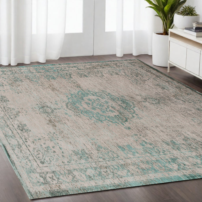 5' X 7' Gray and Green Medallion Non Skid Area Rug