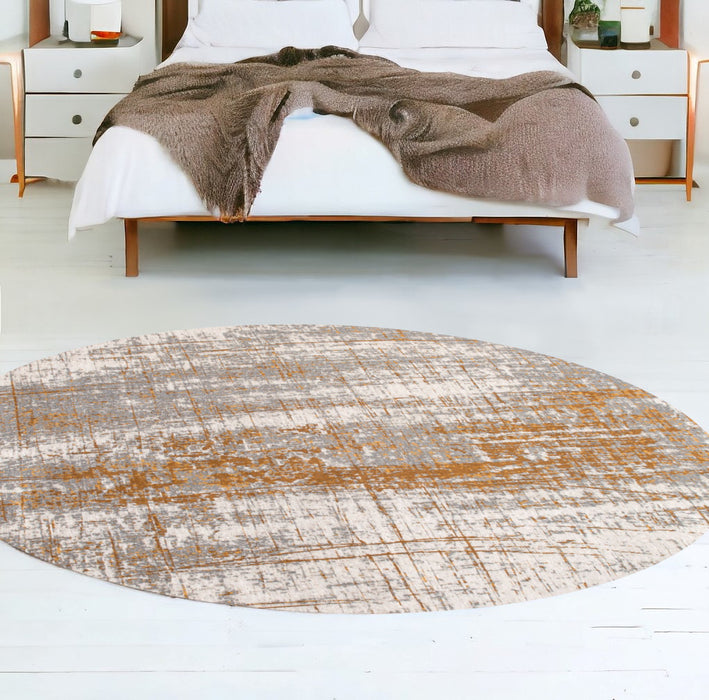 8' Gray and Gold Round Abstract Non Skid Area Rug