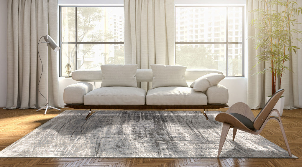 9' X 13' Gray and White Abstract Non Skid Area Rug