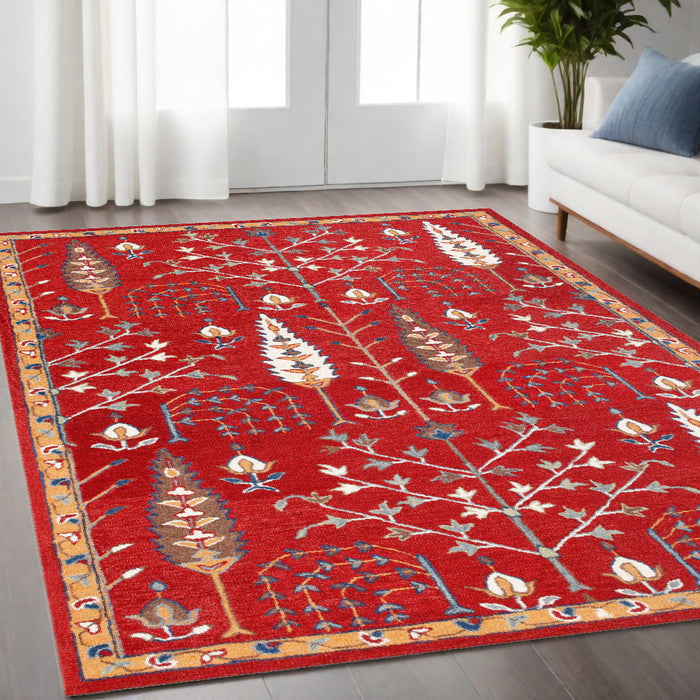 8' X 10' Red and Ivory Wool Floral Hand Tufted Area Rug