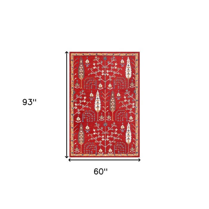 8' X 10' Red and Ivory Wool Floral Hand Tufted Area Rug