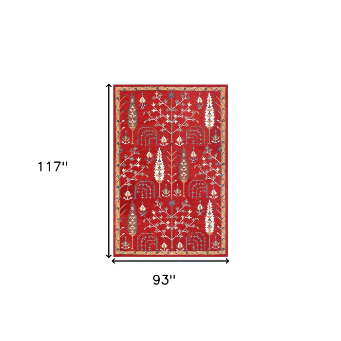 8' X 10' Red and Ivory Wool Floral Hand Tufted Area Rug