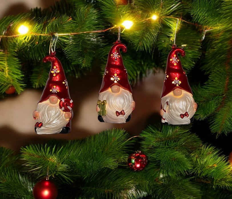 Set of Three Red and White Santa Gnome LED Light Up Christmas Ornaments