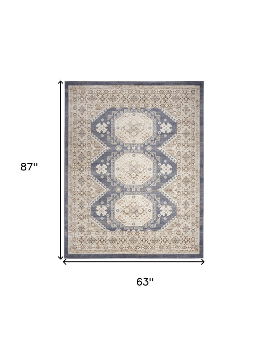 5' X 7' Blue Geometric Distressed Area Rug