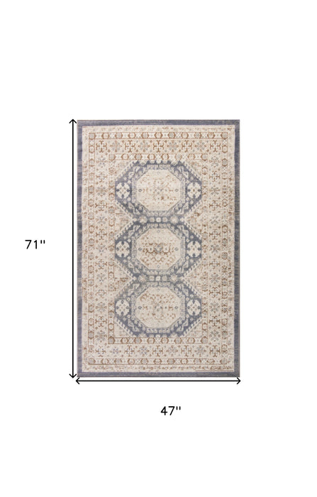 4' X 6' Blue Geometric Distressed Area Rug