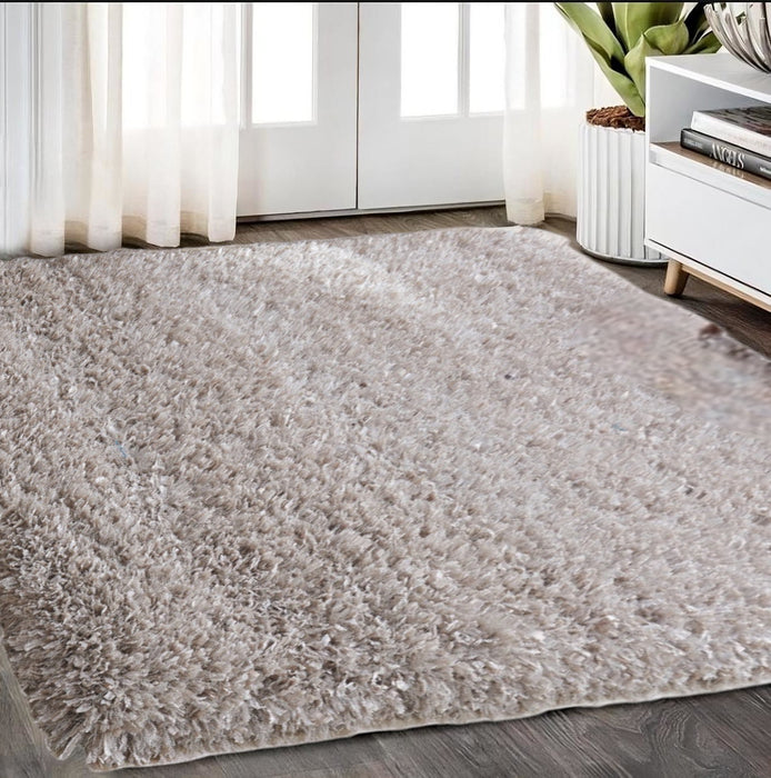 5' X 7' Beige Shag Hand Tufted Area Rug