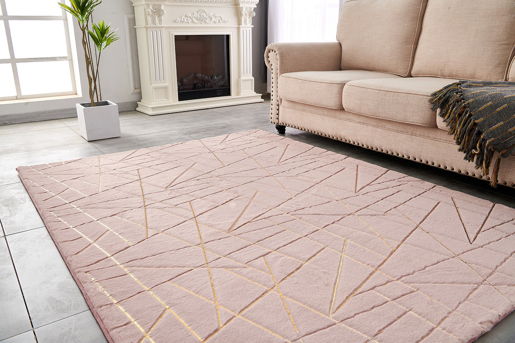 5' X 7' Pink and Gold Faux Fur Abstract Shag Non Skid Area Rug