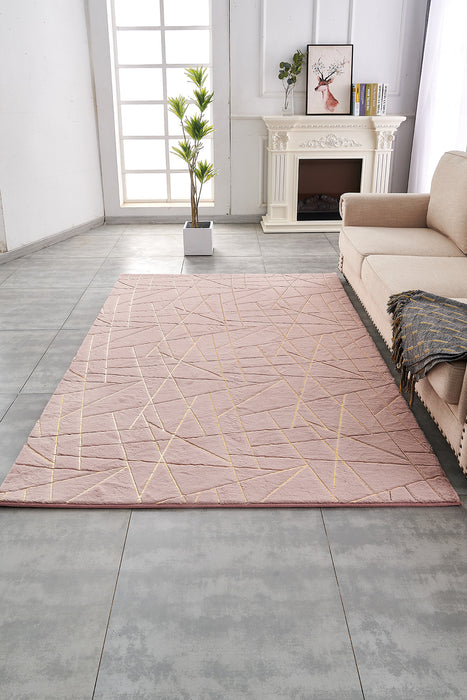 5' X 7' Pink and Gold Faux Fur Abstract Shag Non Skid Area Rug