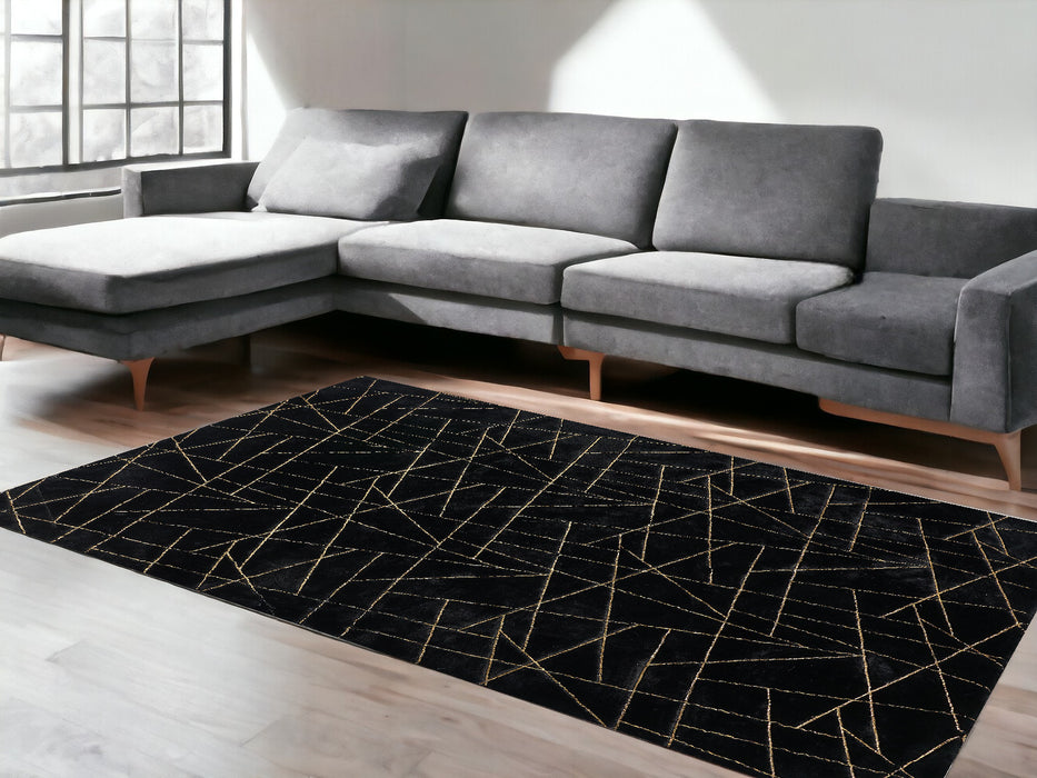 6' X 9' Black and Gold Faux Fur Abstract Shag Non Skid Area Rug