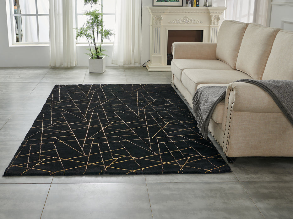 6' X 9' Black and Gold Faux Fur Abstract Shag Non Skid Area Rug