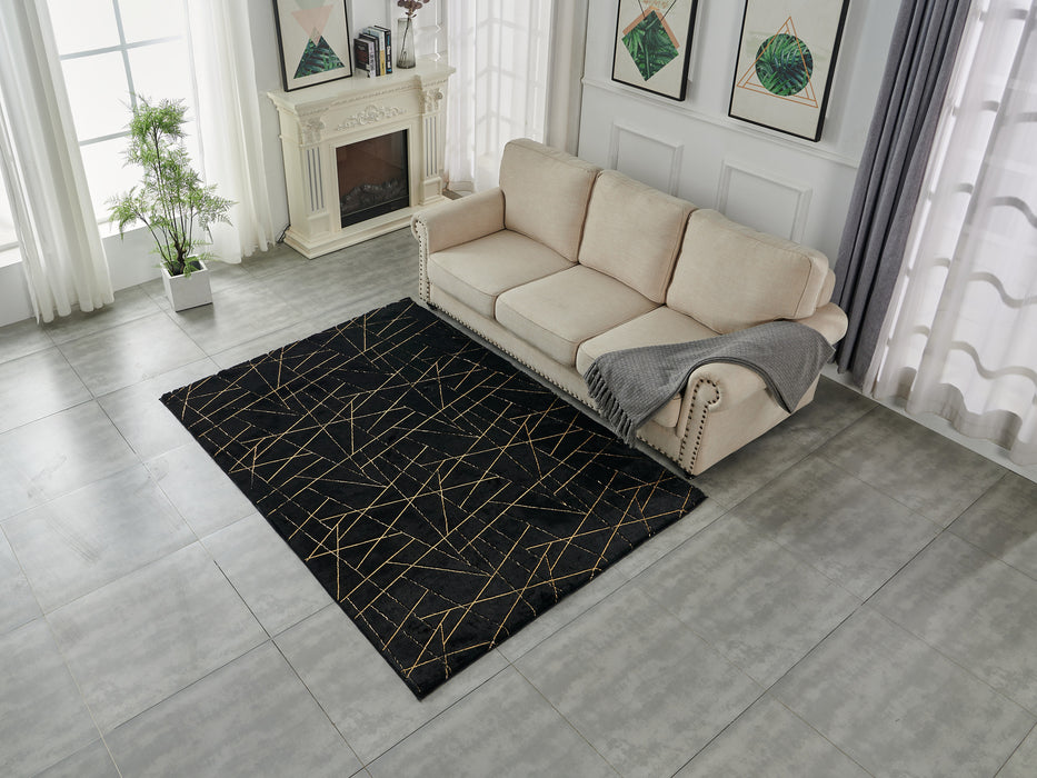 6' X 9' Black and Gold Faux Fur Abstract Shag Non Skid Area Rug