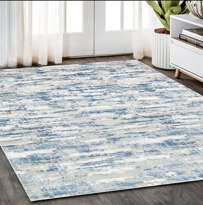 8' X 11' Blue and White Abstract Washable Non Skid Area Rug