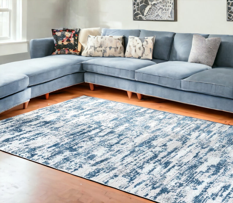 8' X 11' Blue and White Abstract Washable Non Skid Area Rug