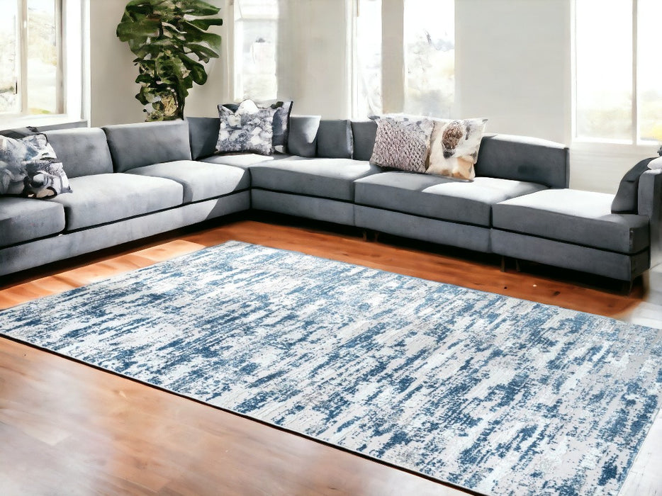 8' X 11' Blue and White Abstract Washable Non Skid Area Rug