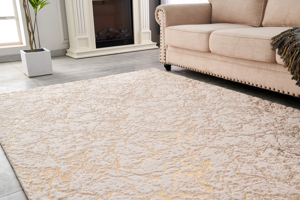 4' X 6' Beige and Gold Faux Fur Abstract Shag Non Skid Area Rug