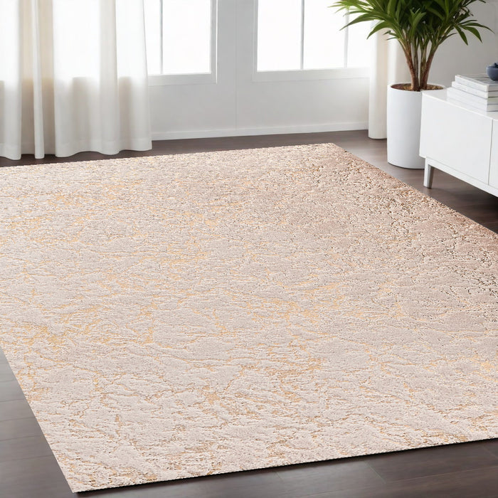 4' X 6' Beige and Gold Faux Fur Abstract Shag Non Skid Area Rug