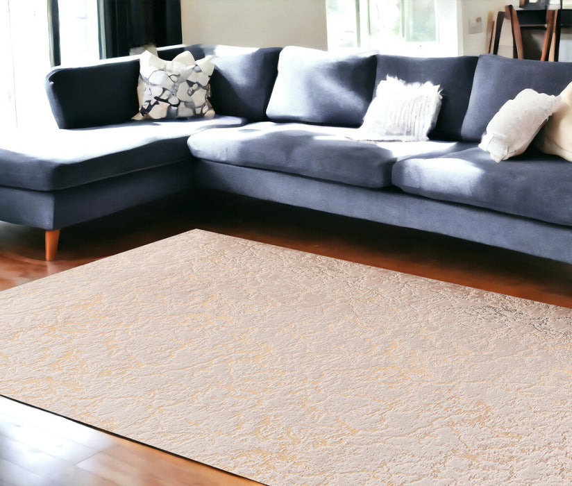 4' X 6' Beige and Gold Faux Fur Abstract Shag Non Skid Area Rug