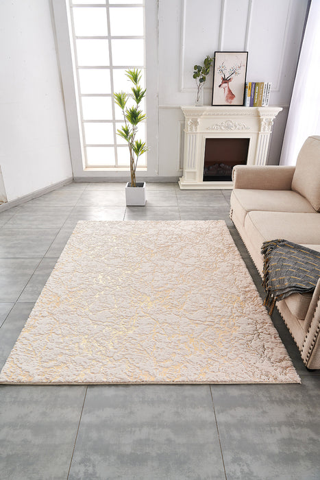 4' X 6' Beige and Gold Faux Fur Abstract Shag Non Skid Area Rug