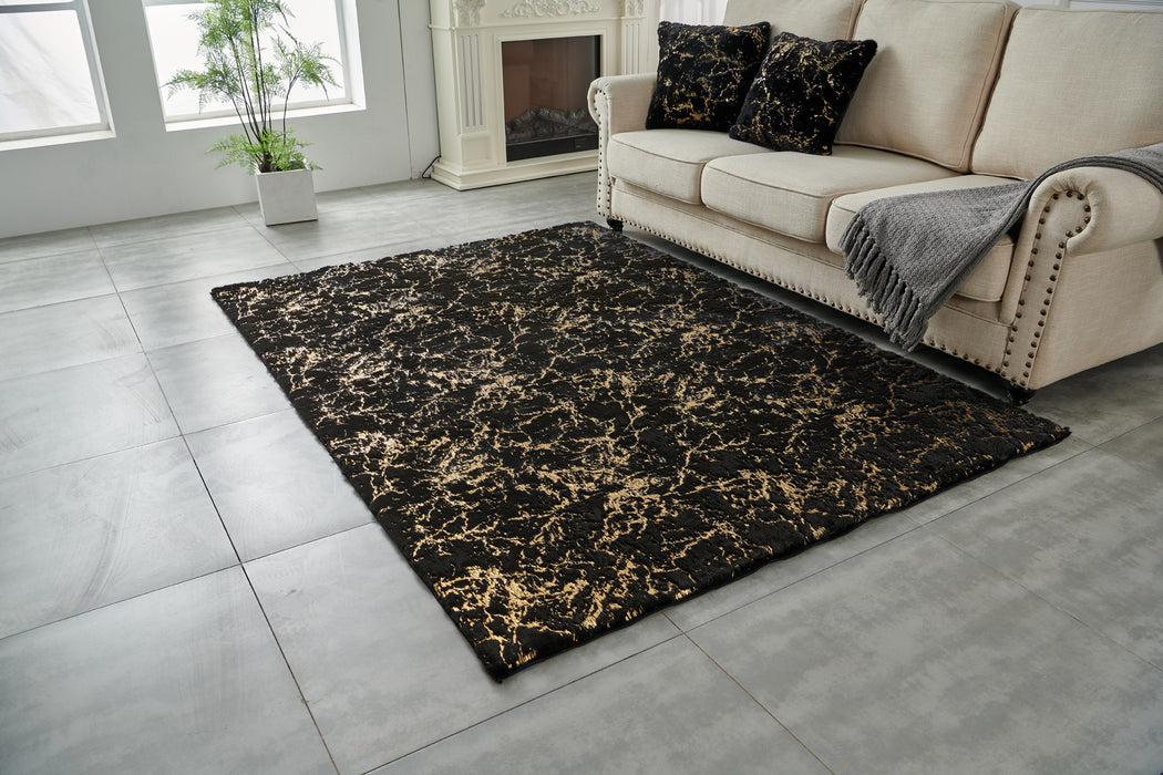 4' X 6' Black and Gold Faux Fur Abstract Shag Non Skid Area Rug