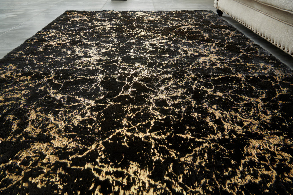 4' X 6' Black and Gold Faux Fur Abstract Shag Non Skid Area Rug