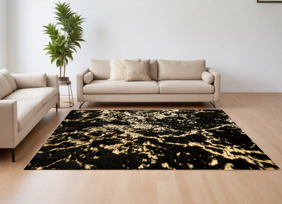 4' X 6' Black and Gold Faux Fur Abstract Shag Non Skid Area Rug