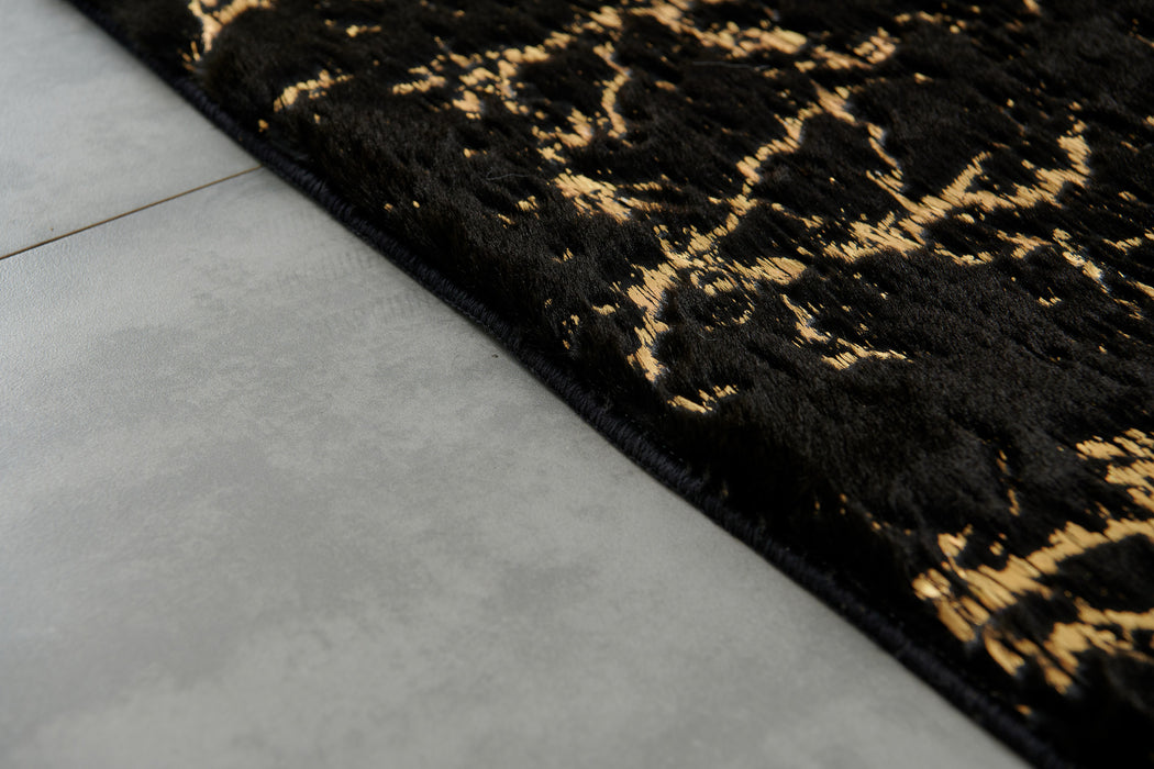 4' X 6' Black and Gold Faux Fur Abstract Shag Non Skid Area Rug