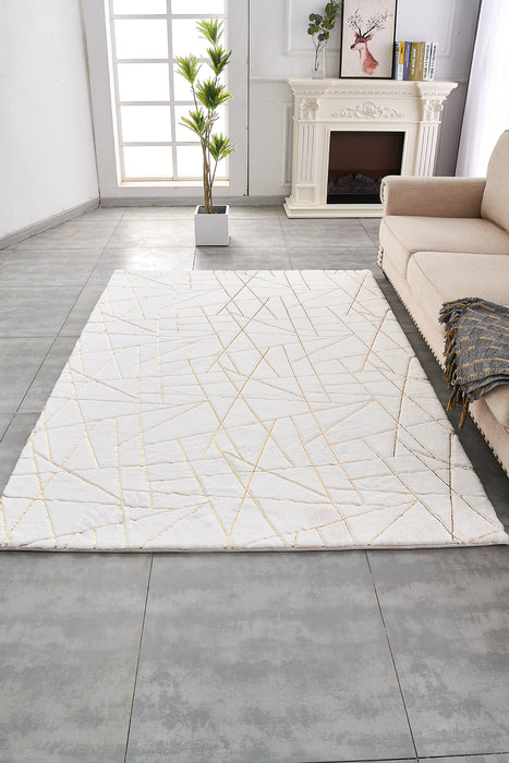 4' X 6' White and Gold Faux Fur Abstract Shag Non Skid Area Rug