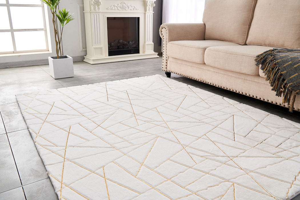 4' X 6' White and Gold Faux Fur Abstract Shag Non Skid Area Rug