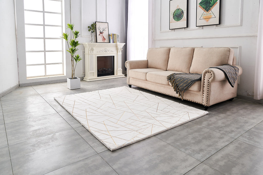 4' X 6' White and Gold Faux Fur Abstract Shag Non Skid Area Rug