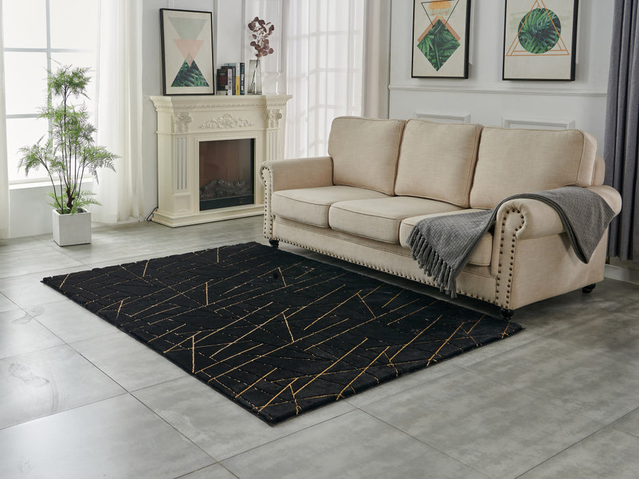 6' X 9' Black and Gold Faux Fur Abstract Shag Non Skid Area Rug