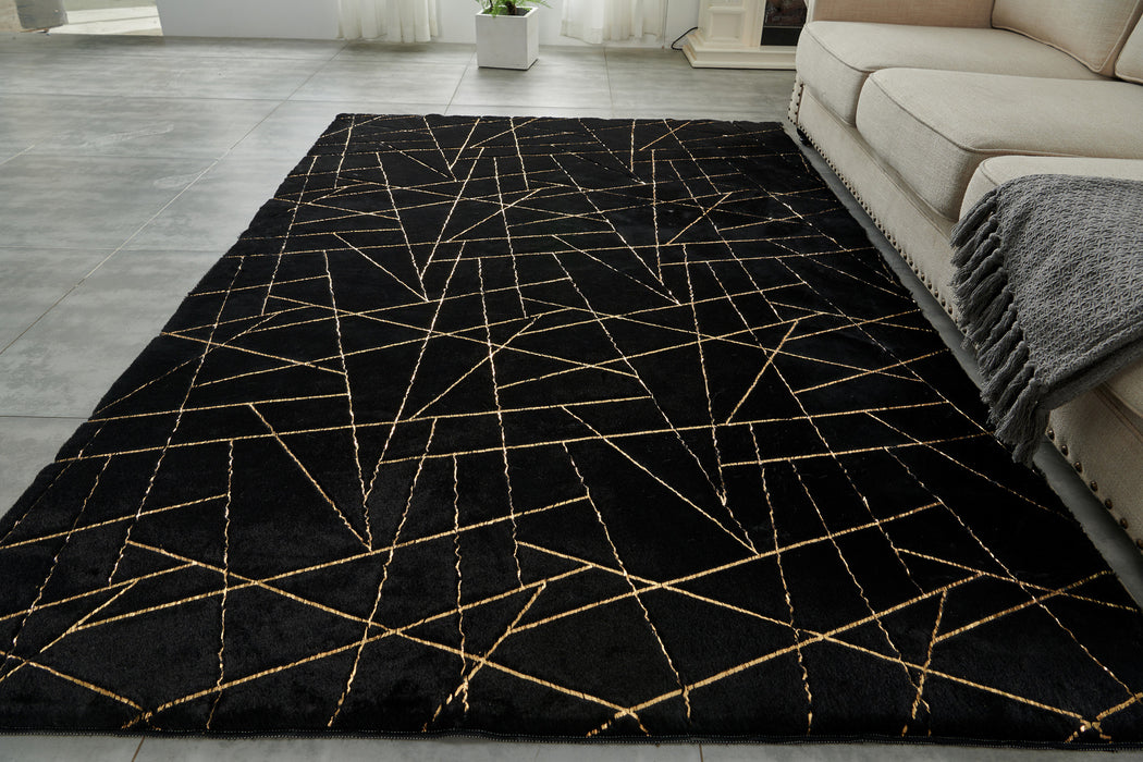 6' X 9' Black and Gold Faux Fur Abstract Shag Non Skid Area Rug