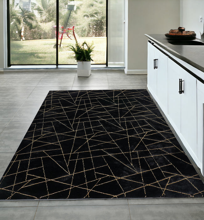 6' X 9' Black and Gold Faux Fur Abstract Shag Non Skid Area Rug