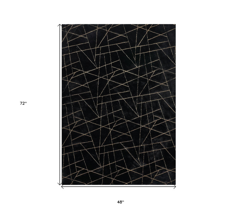 6' X 9' Black and Gold Faux Fur Abstract Shag Non Skid Area Rug