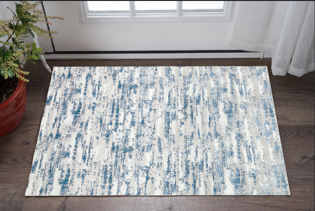 8' X 11' Blue and White Abstract Washable Non Skid Area Rug