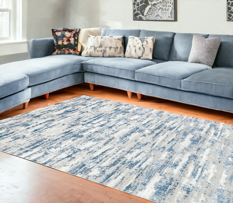 8' X 11' Blue and White Abstract Washable Non Skid Area Rug