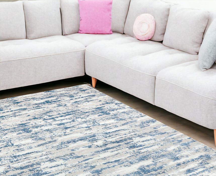 8' X 11' Blue and White Abstract Washable Non Skid Area Rug