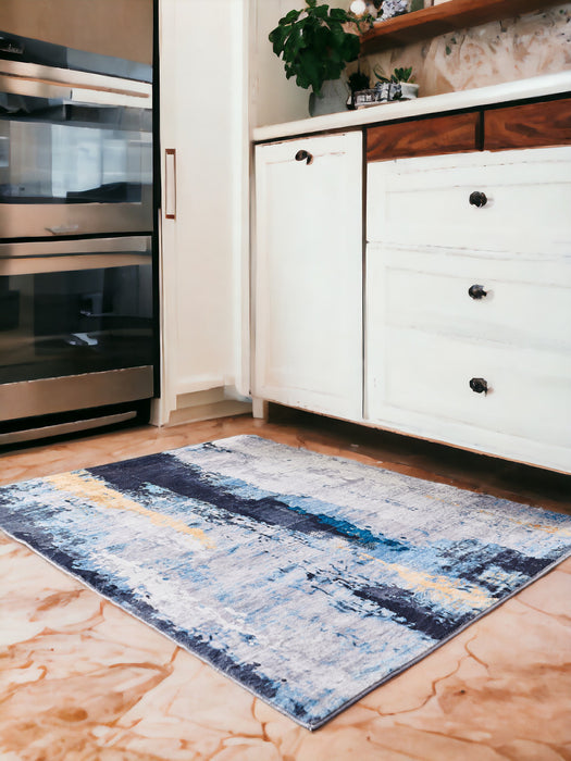 3' X 5' Blue and Yellow Abstract Printed Washable Non Skid Area Rug