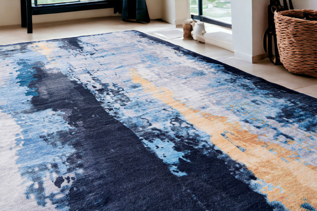 3' X 5' Blue and Yellow Abstract Printed Washable Non Skid Area Rug