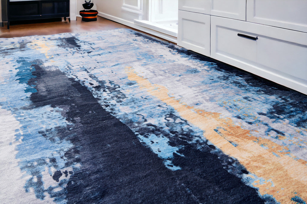 3' X 5' Blue and Yellow Abstract Printed Washable Non Skid Area Rug