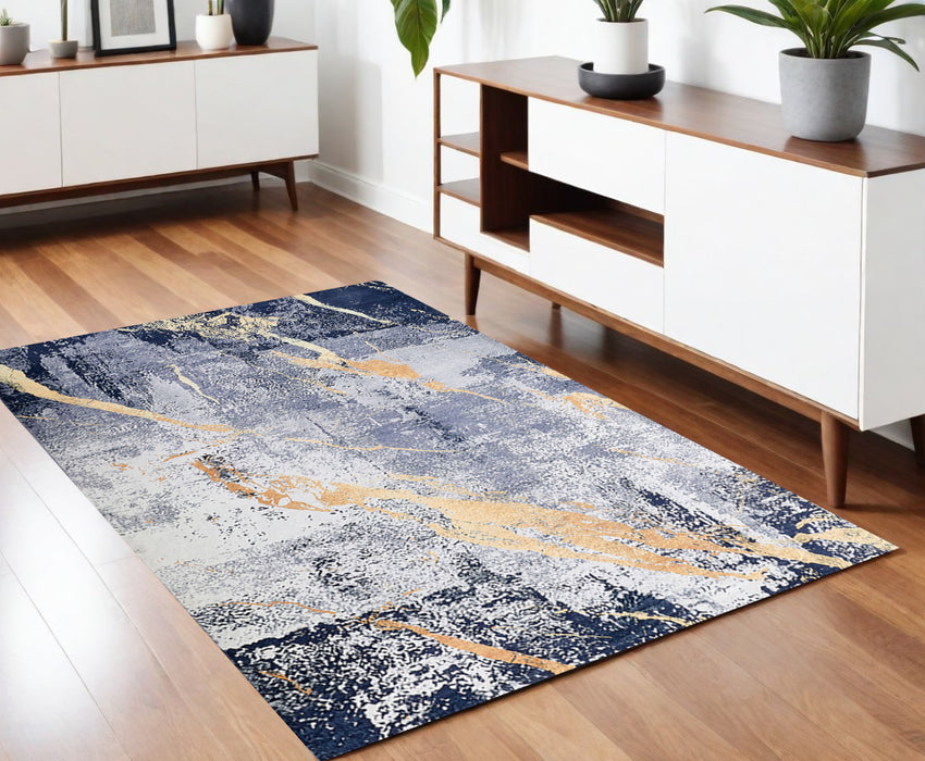 2' X 3' Blue and Yellow Abstract Shag Printed Washable Non Skid Area Rug