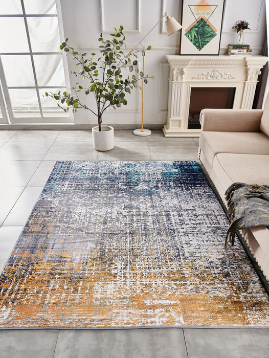 2' X 3' Blue and Silver Abstract Shag Printed Washable Non Skid Area Rug