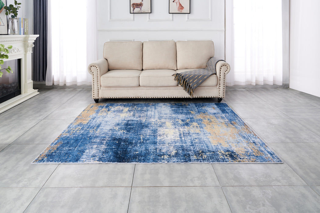 4' X 6' Blue and Gold Abstract Washable Non Skid Area Rug