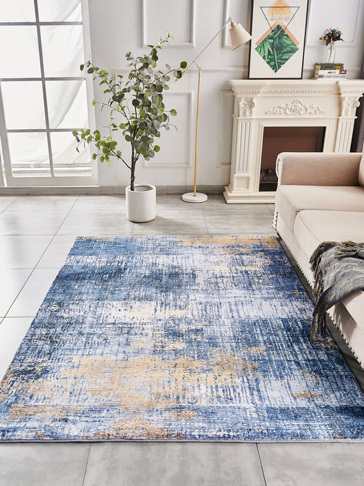 4' X 6' Blue and Gold Abstract Washable Non Skid Area Rug