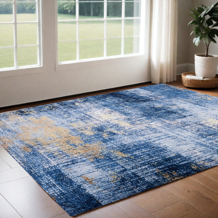 4' X 6' Blue and Gold Abstract Washable Non Skid Area Rug