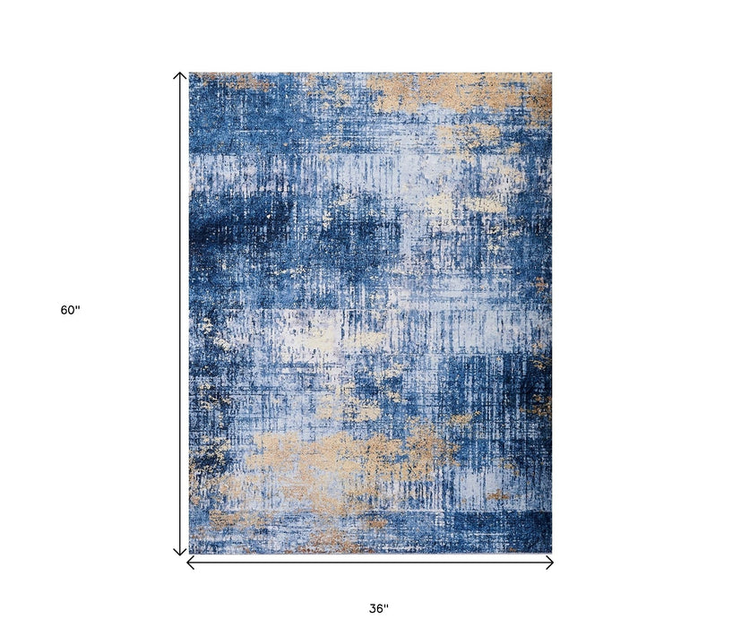 4' X 6' Blue and Gold Abstract Washable Non Skid Area Rug